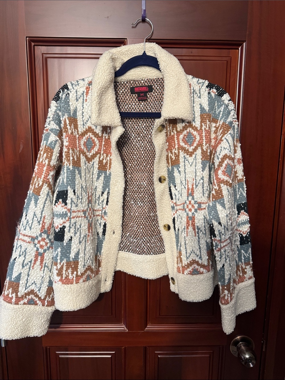 Aztec Sherpa Jacket with Cream Trim in Rust & Slate